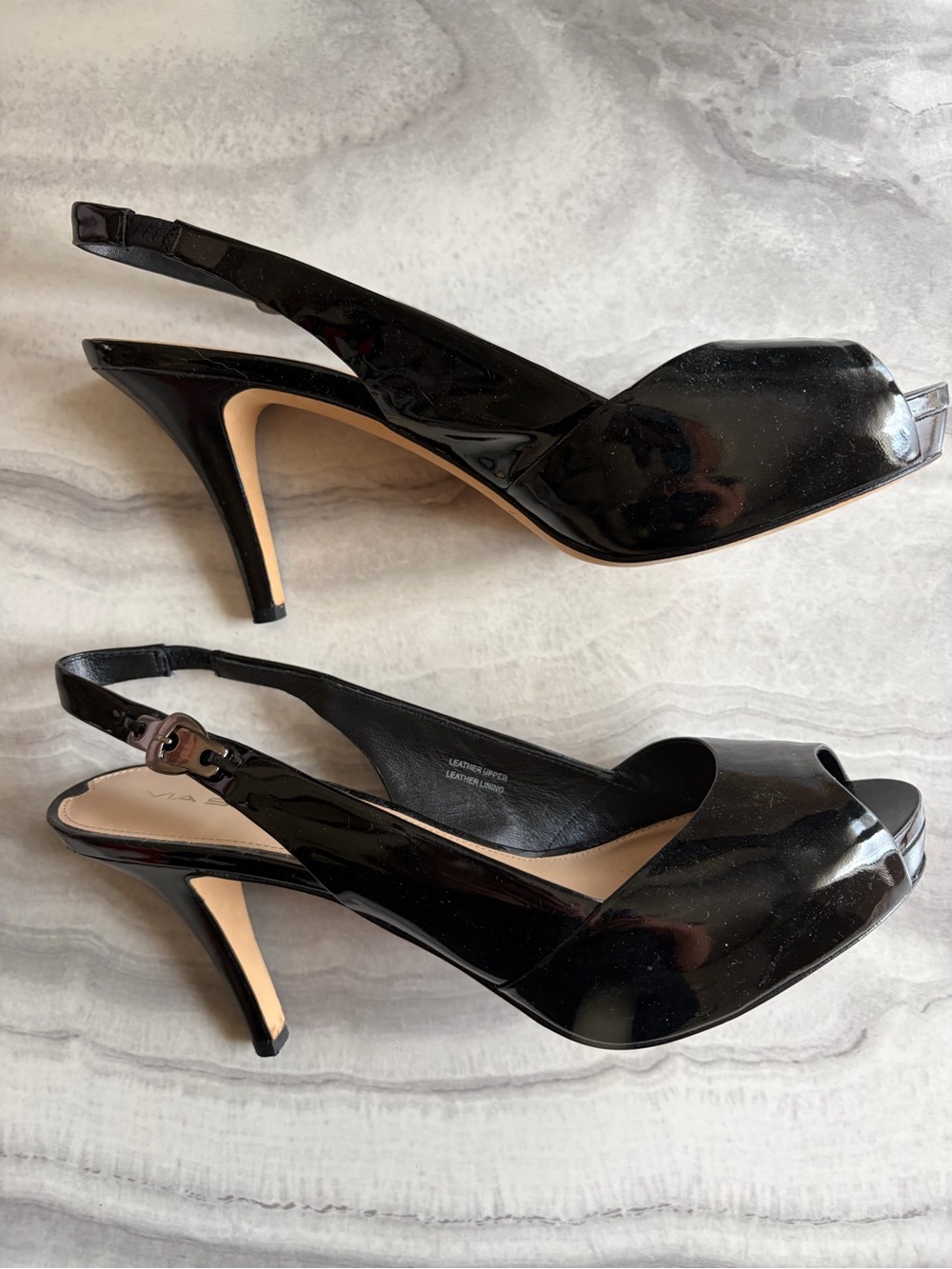 Via Spiga Black Patent Peep-Toe Slingback Heels